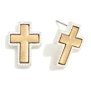 NWT BOUTIQUE Two Tone Metal Cross Oversized Stud Earrings